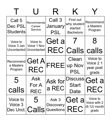 Turkey Trot Bingo Card