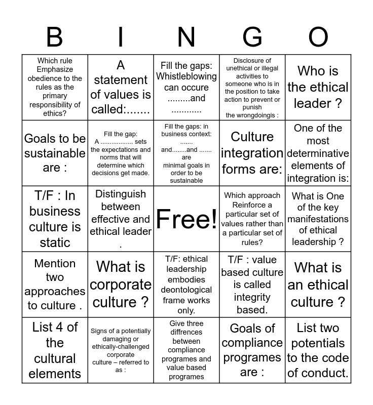 Chapter 4 Bingo Card