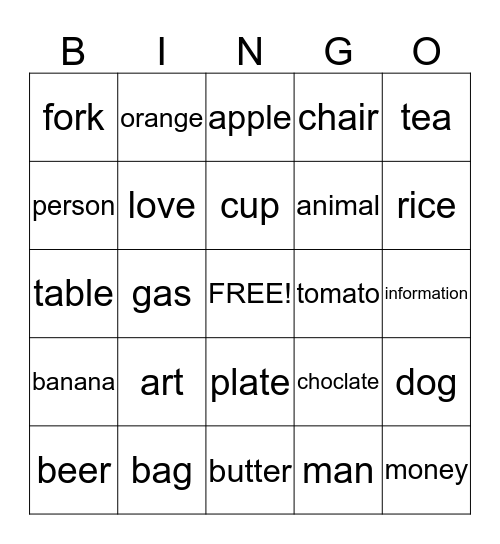 Countable and Uncountable nouns Bingo Card