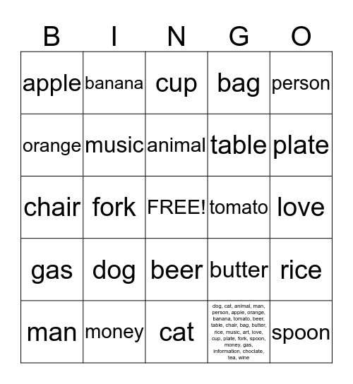 Countable and Uncountable nouns Bingo Card