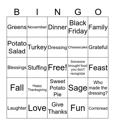 Thanksgiving Bingo Card