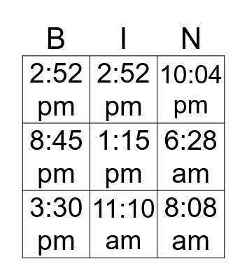 Time Bingo Card