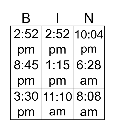 Time Bingo Card