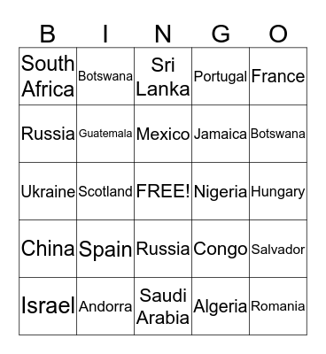 Country Bingo Card
