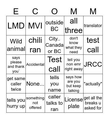 911 Q Bingo Card