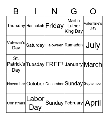 Days, Months, and U.S. Holiday Bingo Card