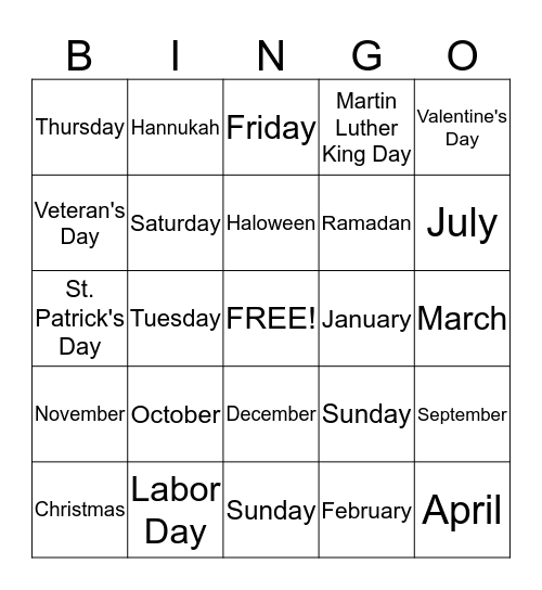 Days, Months, and U.S. Holiday Bingo Card