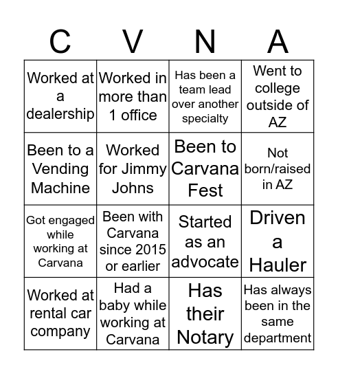 Carvana Bingo Card