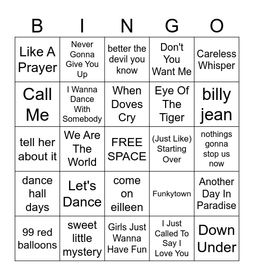 FRIDAY NIGHT MUSIC BINGO ALL 1980'S Bingo Card