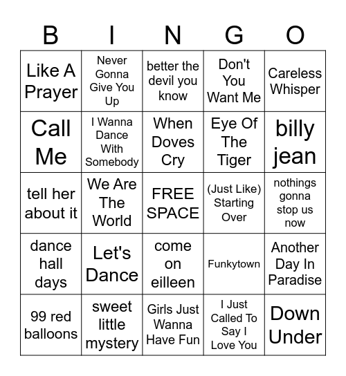 THURSDAY NIGHT MUSIC BINGO ALL 1980'S Bingo Card