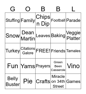 Thanksgiving Day BINGO Card