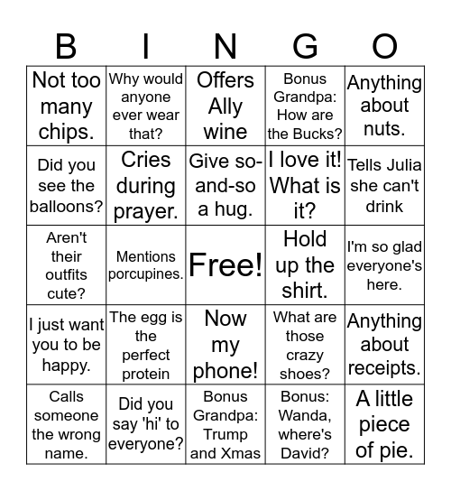 Grandma Bingo Card