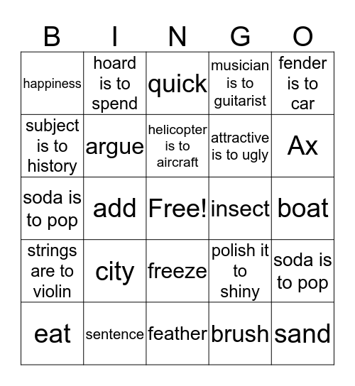 Analogies Bingo Card