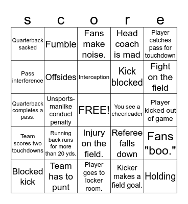 thanksgiving football bingo Card
