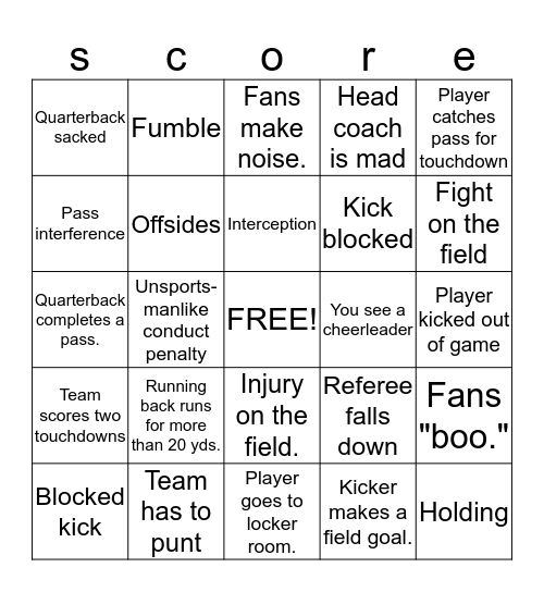 thanksgiving football bingo Card