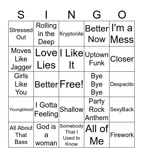 2000's & Today SING-O! Bingo Card