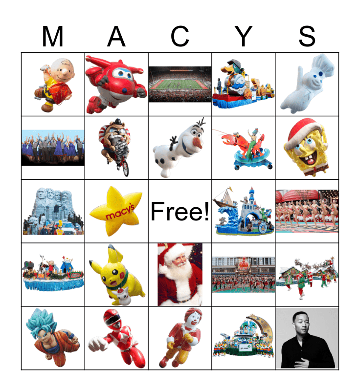 Macy's Thanksgiving Day Parade Bingo Card