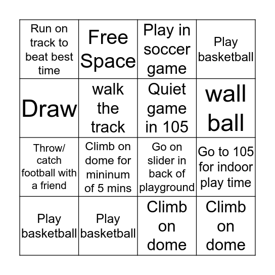 Isaiah's Recess Bingo Card