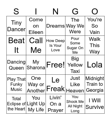 70's & 80's SING-O! Bingo Card