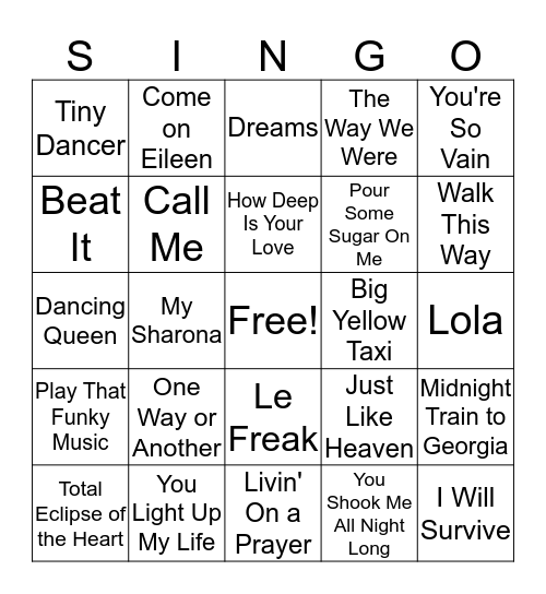 70's & 80's SING-O! Bingo Card