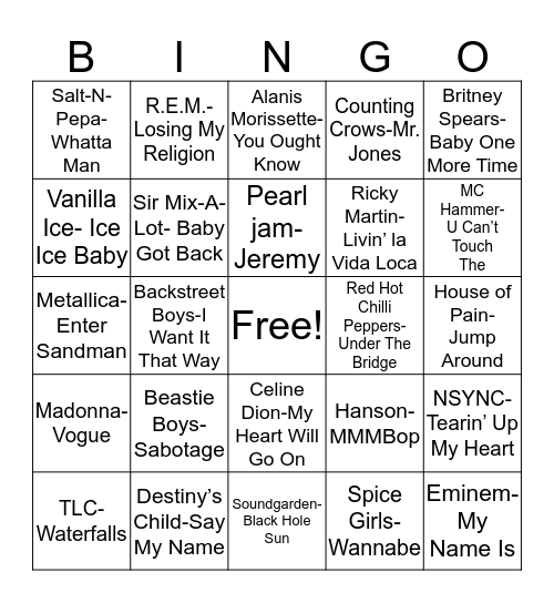 Total-Quiz.com Presents Radio Bingo: 90's Edition Bingo Card