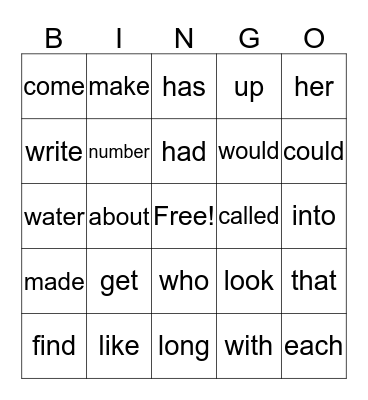Sight Words Bingo Card