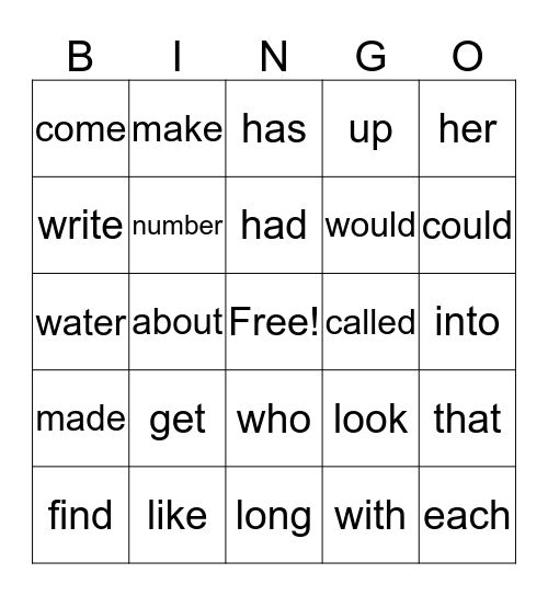 Sight Words Bingo Card