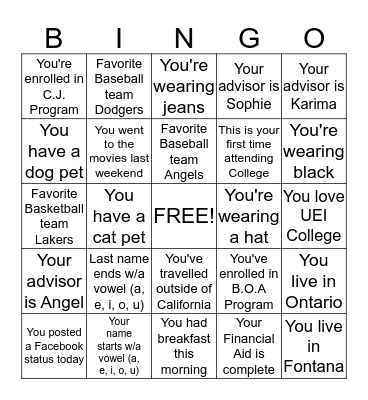 UEI College Bingo Card