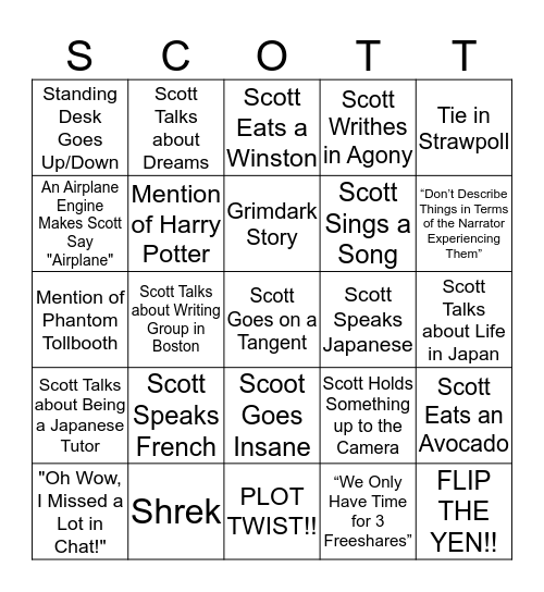 Scott Bingo for Dec. 11, 2018 Anniversary Stream! Bingo Card