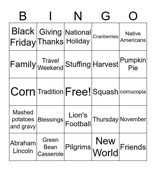 Thanksgiving Bingo Card