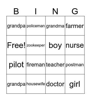 People words Bingo Card