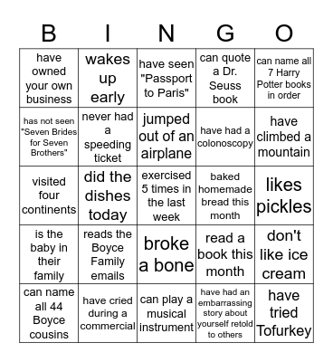 Boyce Family Bingo Card