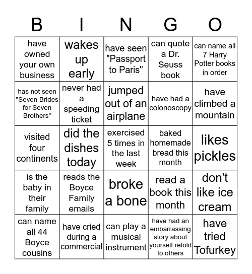 Boyce Family Bingo Card