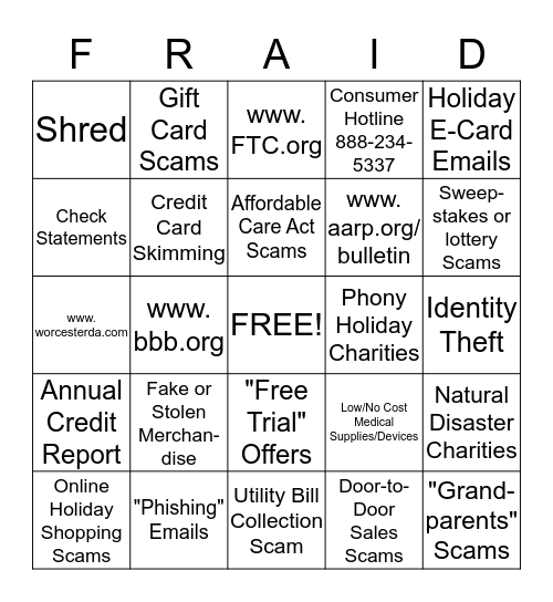 Fraud Safety Bingo Card