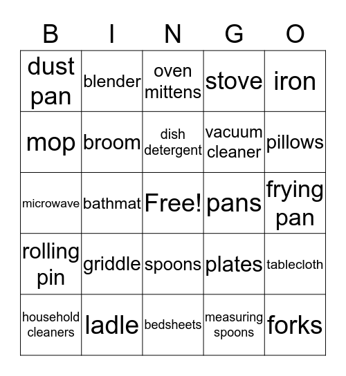 Tina's Household Items Bingo Card