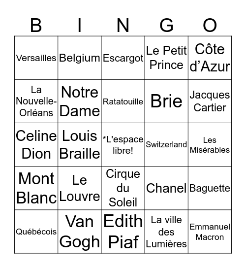 Bingo Français Bingo Card