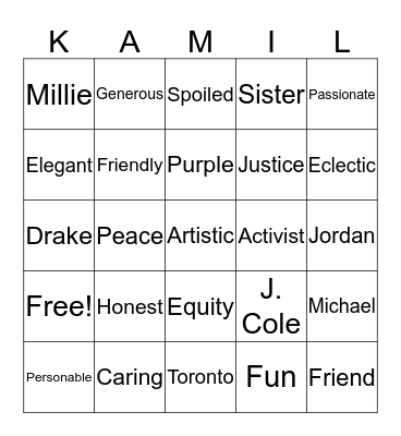 Kamil's Sweet 16  Bingo Card