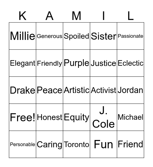 Kamil's Sweet 16  Bingo Card