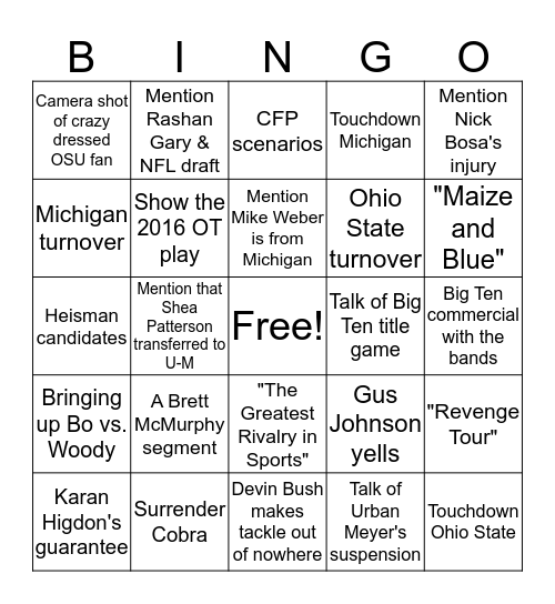 Michigan vs. Ohio State BINGO! Bingo Card