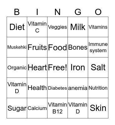 Eating Healthy and Vitamins Bingo Card