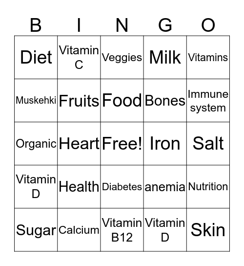 Eating Healthy and Vitamins Bingo Card