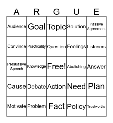 Speech Bingo Card