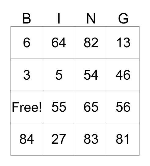 Mental Math Bingo Card