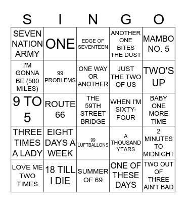 SONGS WITH NUMBERS Bingo Card