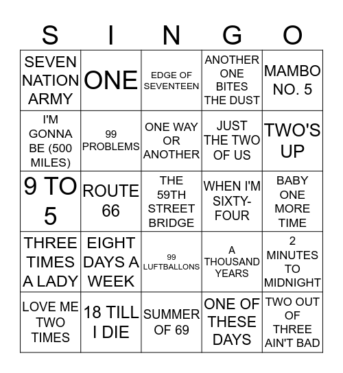 SONGS WITH NUMBERS Bingo Card