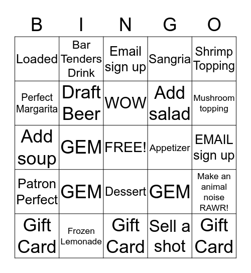 Applebees Bingo!!  Bingo Card