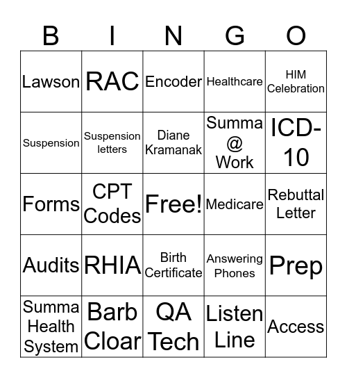 Medical Records Bingo Card