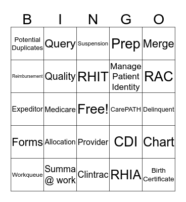 Medical Records  Bingo Card