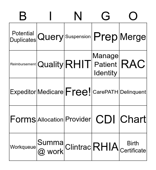 Medical Records  Bingo Card