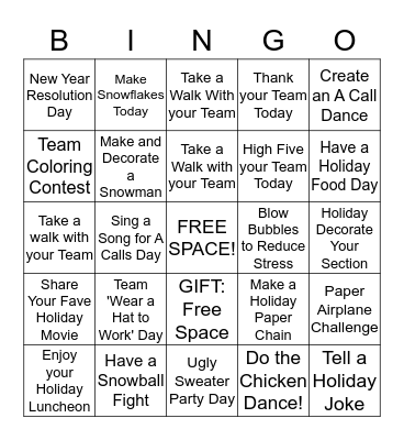 Team Kelly BINGO - December Bingo Card